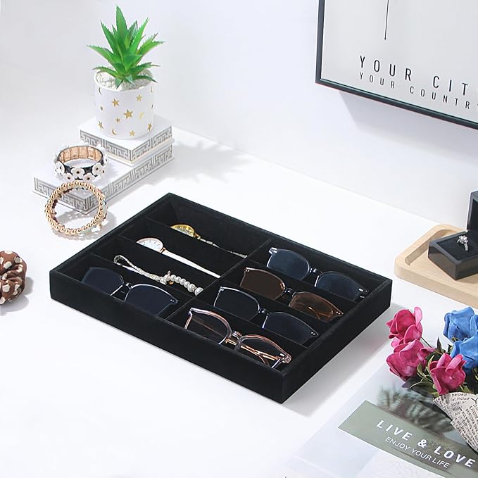 Coward Sunglass Organizer, Black Velvet Glasses Trays, Eyeglasses Watches Jewelry Display - Men Women (8 Grids)