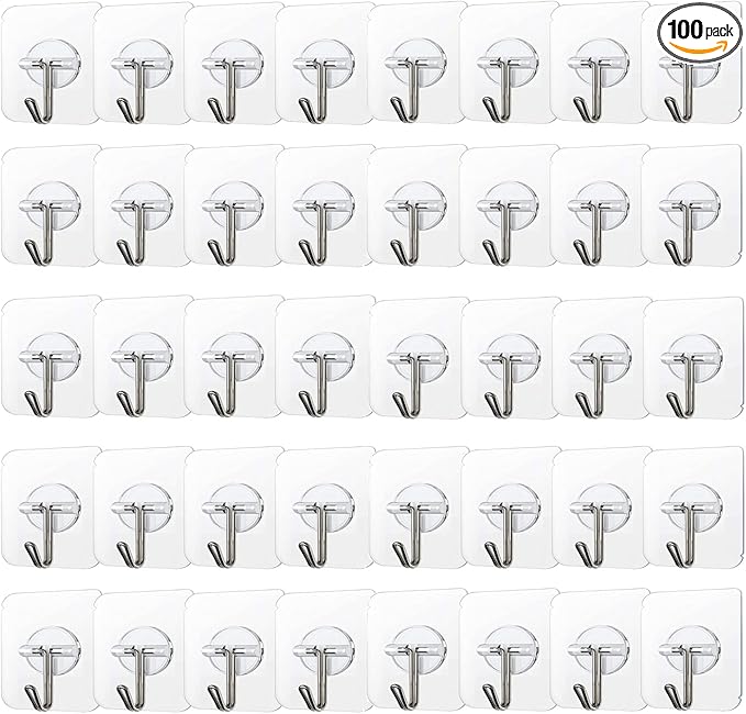 COLOGO 100 Pack Adhesive Hooks 24lb(Max) Heavy Duty Self Adhesive Hooks, Transparent Reusable Seamless Adhesive Wall Hooks for Kitchens, Bathroom, Office