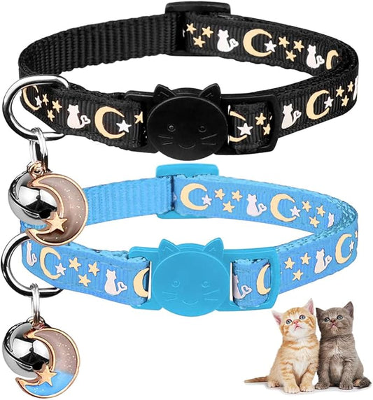 Baeuppit 2PCS Breakaway Cat Collars with Bell Cute Kitty Glow in The Dark Adjustable Kitten Collars with Pendant(Black&Sky Blue)
