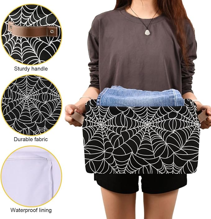 Halloween Spiderweb Large Storage Basket Cube Storage Bin Canvas Fabric Organizer Handles Collapsible Decorative for Clothes Toys Bedroom