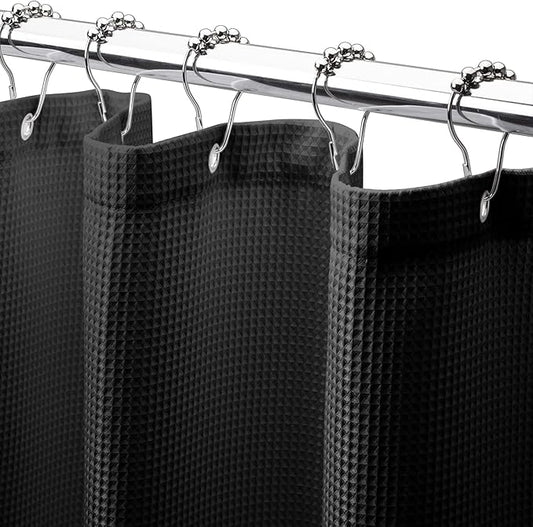 AmazerBath Black Shower Curtain Thick 240GSM, Fabric Shower Curtain with Waffle Weave, Bathroom Shower Curtains, Hotel Quality Heavy Duty, 72 x 72 Inches