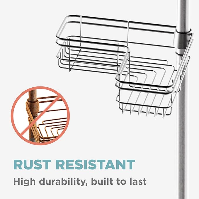 Zenna Home Tension Pole Shower Caddy Corner Organizer, Adjustable Standing Shower Caddy with 4 L-shaped Baskets and Hooks, Rust Resistant Bathroom Tension Rod Organizer, 60 to 97 Inch, Satin Nickel