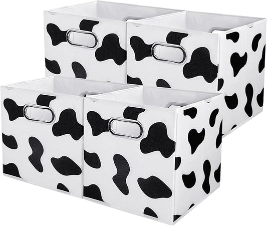 ANMINY 4PCS Cow Print Storage Cubes, 11 Inch Cute Storage Box Baskets with Handles Washable Foldable Cotton Linen Fabric Small Storage Bins for Desktop Closet Shelf Organizer Container Home Office