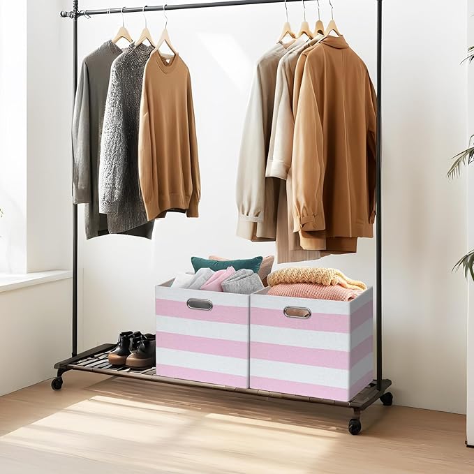11x11 Cube Storage Bins, Collapsible Fabric Storage Cubes, Cubby Storage Organizer Bins Striped Container Baskets for Organizing Home Office Wardrobe Closet Shelf, Pack of 4, Pink/White