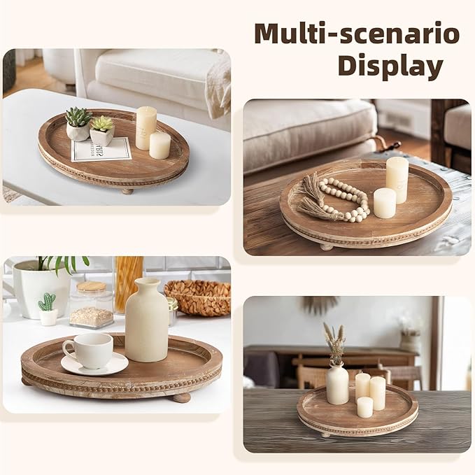 2 Piece Oval Torched Wooden Serving Tray Set with Beaded Design, Centerpiece Table Decorations Tray for Living Room Ottoman, Coffee Table Tray for Farmhouse Home Decor