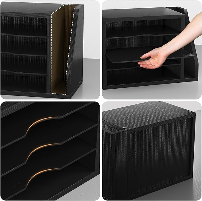 File Organizer Desktop, Wood Desk Organizer with 3 Adjustable Shelves, Mail Paper Sorter for Office, Home, File Holders for Envelopes, Mail Supplies or Magazines, Black