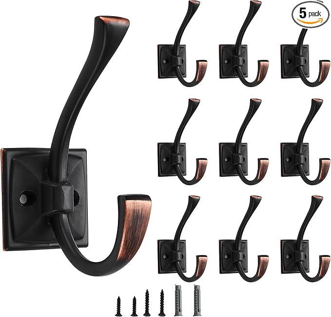 5 Pack Decorative Heavy Duty Towel Hooks for Hanging Robe Double Oil Rubbed Bronze Coat Hooks Wall Mounted with Screws for Key, Towel, Bags, Cup, Hat