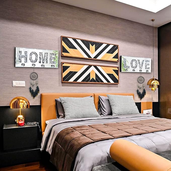 Crush Diamond Mirrored Home Letter Plaque Sign for Wall Decor, Crystal Clear Hooks Key Holder Key Hanger, Silver Mirror Decoration Wall Art, Wall Mounted Home Decor 15"×5.9"×1.6"