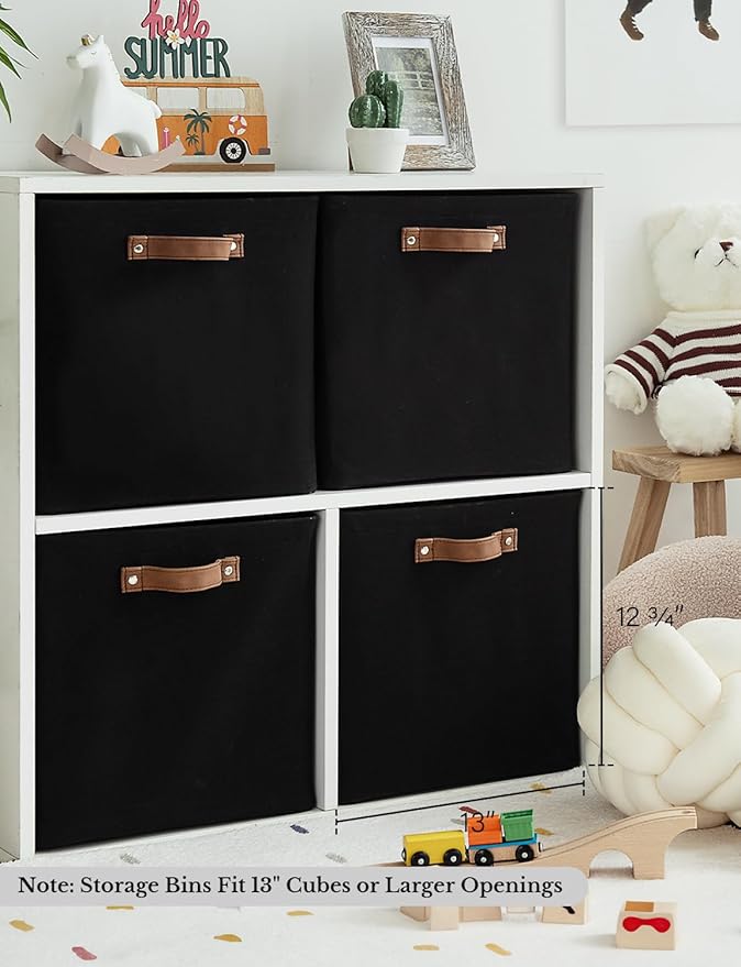 StorageWorks 13x13 Inches Storage Cube, Fabric Storage Bins with PU Handles, Collapsible Organizer Baskets for Closet, Black, 4-Pack