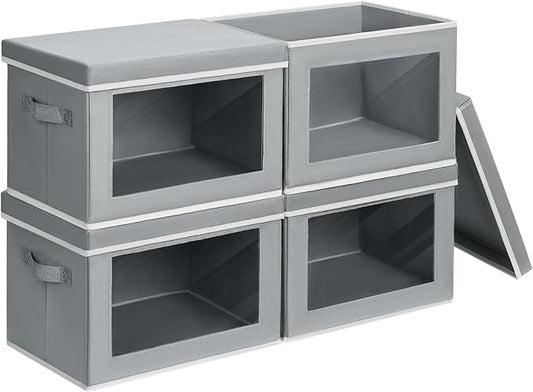 Large Storage Bins with Lids - Stackable Cube Bins for Closet, 4 Pack Clear Windows Fabric Organizer Bins, Home Organizers and Storage for Clothes, CD, Towels, Grey