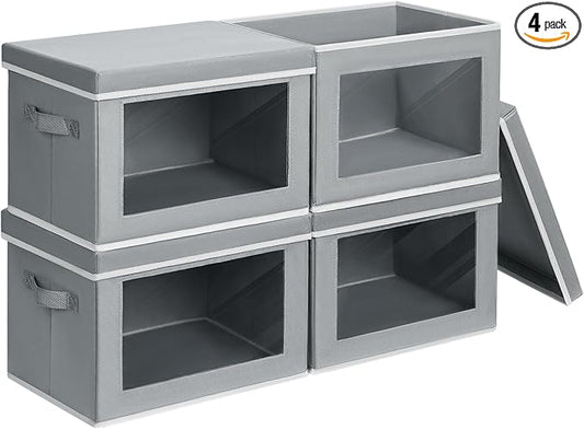 Storage Bins with Lids - Fabric Closet Storage Bins with Window, Collapsible Baskets for Shelves 4 Pack, Home Decorative Boxes for Clothes, Closet, Office, Grey