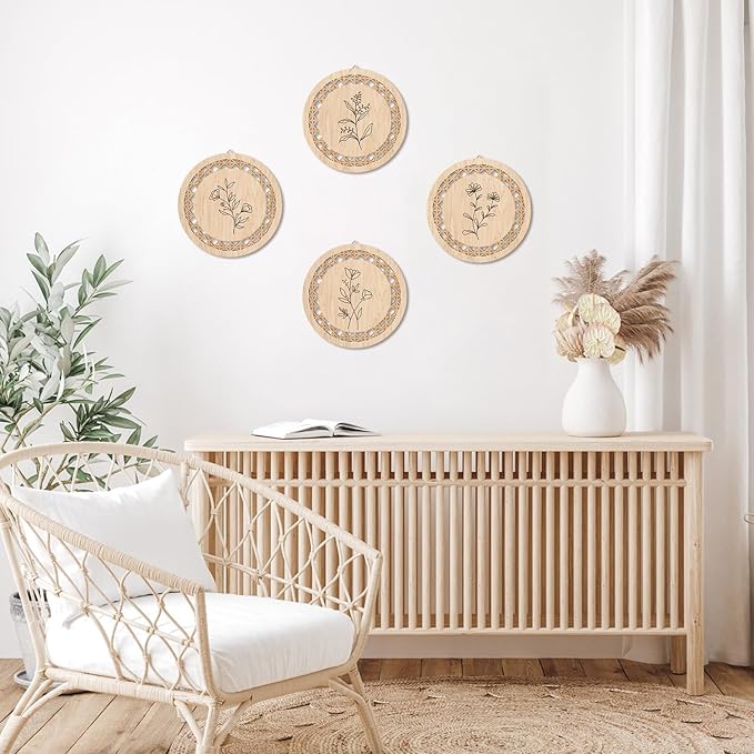 HPNIUB Minimalist Floral Wall Decor, Farmhouse Line Botanical Hanging Wooden Sign Wall Art, 4 Pieces 9.8''x9.8'' Aesthetic Flowers Leaf Wood Plaque, Modern Neutral Pictures for Living Room Office