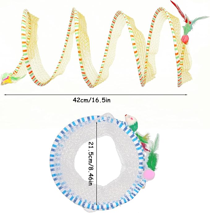 2-Pack Large Cat Tunnel Beds - Indoor & Outdoor,Kitten Collapsible Spring Tunnel Toy with Feather and Bell,Interactive Spring Toys for Cats & Kittens（Yellow and Blue）