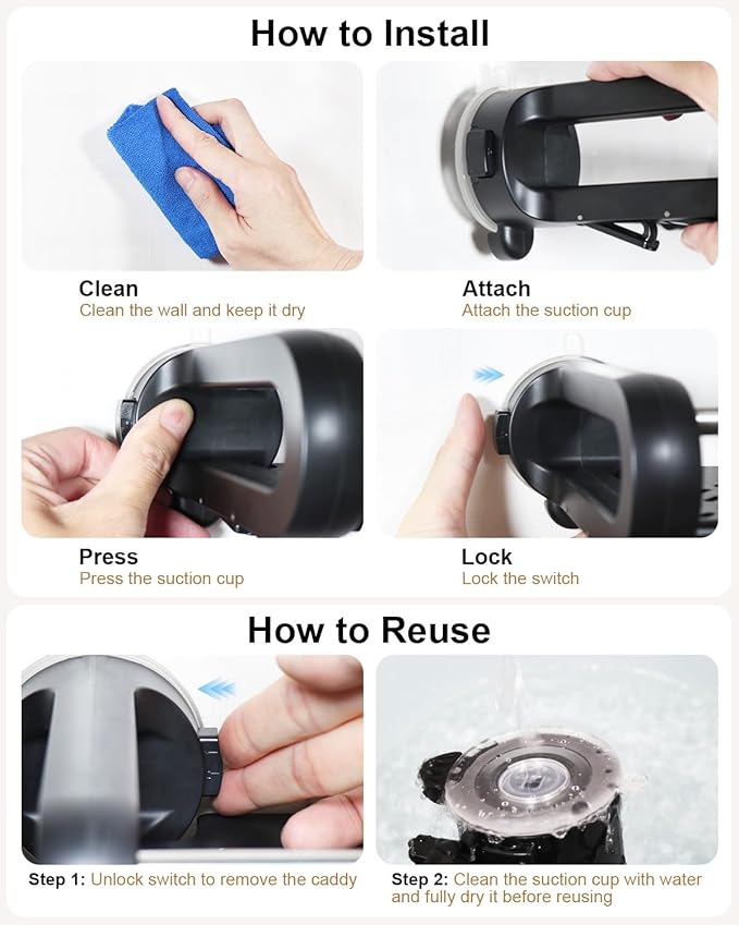 JOTPE Suction Cup Shower Shelf, Removable Shower Caddy Suction Cup with Large Capacity, Storage Suction Powerful Max Hold 22lbs, No Drilling Shelves for Bathroom Storage & Home Decor, Black