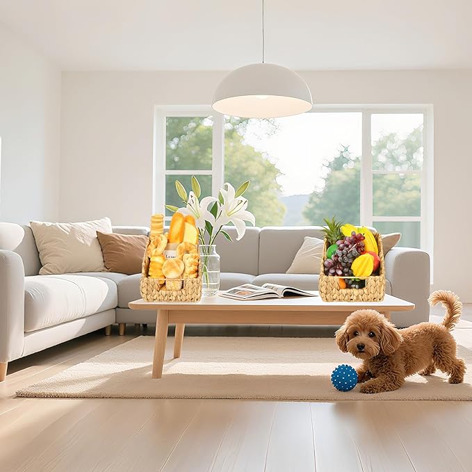 Water Hyacinth Pantry Baskets with Built-in Handles - Natural, Handwoven Wicker Storage Baskets for Storage Shelves Organizing(2 Pack)