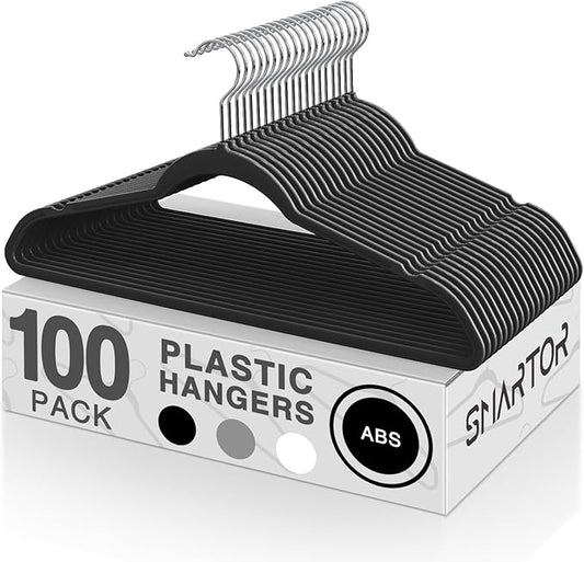 SMARTOR Heavy Duty Hangers 100 Pack, Premium Plastic Hangers for Clothes - Heavy Duty Non-Velvet Hanger with 360° Swivel Chrome Hook & Non Slip Notches - As Dress, Coats, Shirt, Jacket Hanger - Black