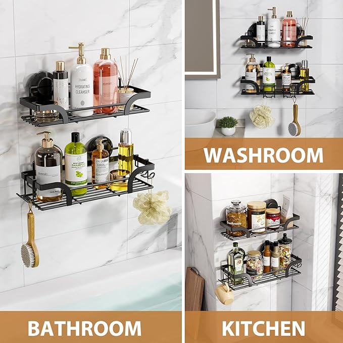 LEVERLOC 2 Pack Shower Caddy Suction Cup, Shower Shelves for Inside, Rustproof Metal Bathroom Storage NO-Drilling Bath Organizer with Large Capacity,Heavy Duty Storage Basket,Home Decor,Black