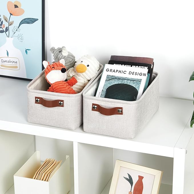 DULLEMELO fabric storage baskets | 11.8x7.9x5.1 inch small baskets for organizing Closet Set of 2 cloth storage baskets | rectangle storage basket with PU Handles (Beige)