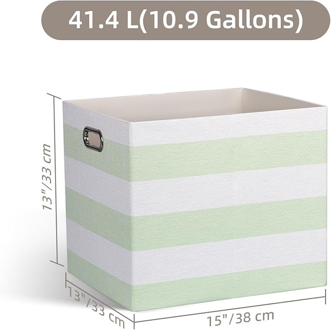 13x15x13 Storage Cube Bins, Foldable Storage Cubes, Fabric Organizer Basket Bin, Striped Containers Decorative Storage Boxes for Shelves Wardrobe Closet Home Office, 4 Pack, Green/White