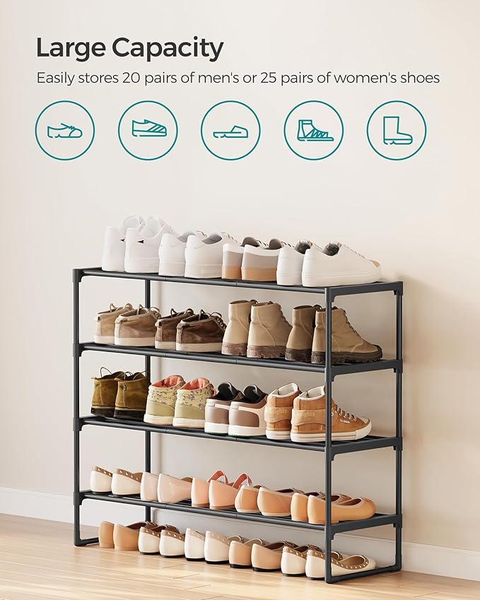 SONGMICS Shoe Rack, 4-Tier Shoe Organizer, Metal Storage Shelf, Upright or Upside Down, for 20-25 Pairs, Stackable, for Entryway, 11.8 x 36.2 x 29.1 Inches, Black ULSA14BK