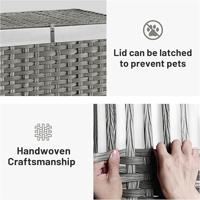 180L Wicker Storage Basket with Lid, Handwoven Rattan Large Shelf Basket with Removable Liner, 47.6 Gallon Wicker Basket for Blanket, Storage Trunk with Handle for Closet, Bedroom, Livingroom, Grey