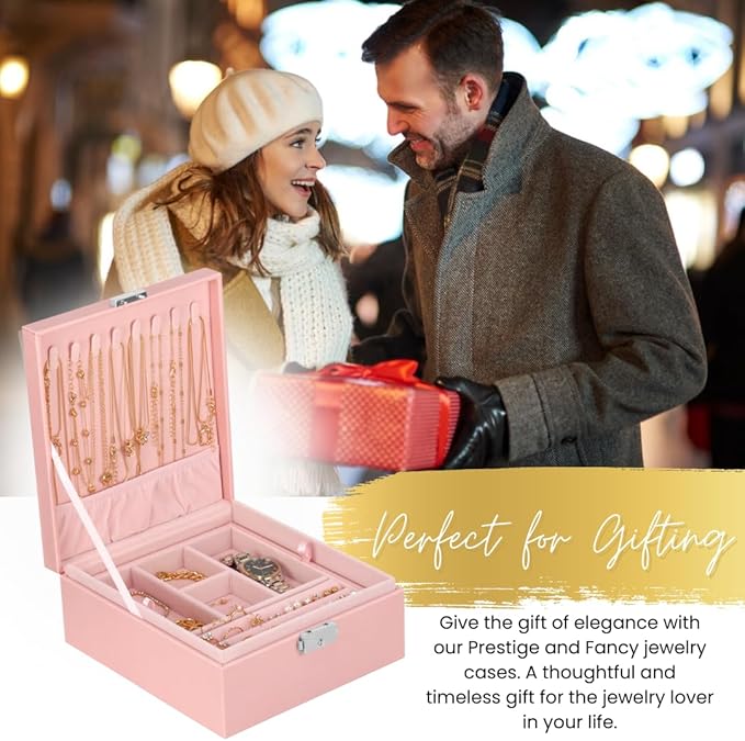 2 Layer Jewelry Box, Jewelry Organizer For Woman, Men & Girls Large Case 8.5x7.5x3.3in | PU Leather Jewelry Gift Storage Boxes For Ring, Necklace & Bracelet With Lock (Pink)