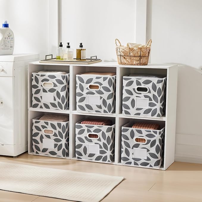 MAX Houser Fabric Storage Bins Cubes Baskets Containers with Dual Plastic Handles for Home Closet Bedroom Drawers Organizers, Flodable, Grey, Set of 4