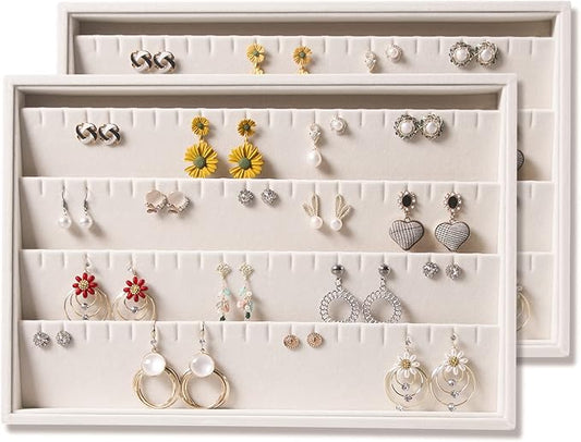 Coward 2PC Stackable Earring Tray Drawer Jewelry Holder Organizer Box Storage Earring Display Stand for Selling (beige(earring+earring))