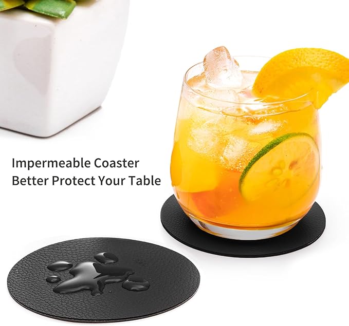 Drink Coasters With Holder - Faux Leather Set of 12, Dual Sided for Coffee Tabletop Protection, Non-Slip Washable Cups (Black)
