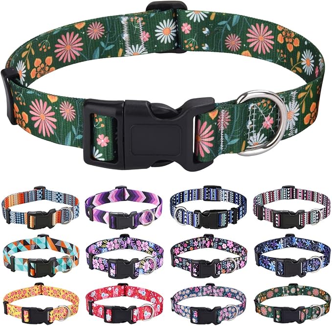Dog Collar with Bohemia Floral Tribal Geometric Patterns - Soft Ethnic Style Collar Adjustable for Small Medium Large Dogs(Dark Green Flower,M)