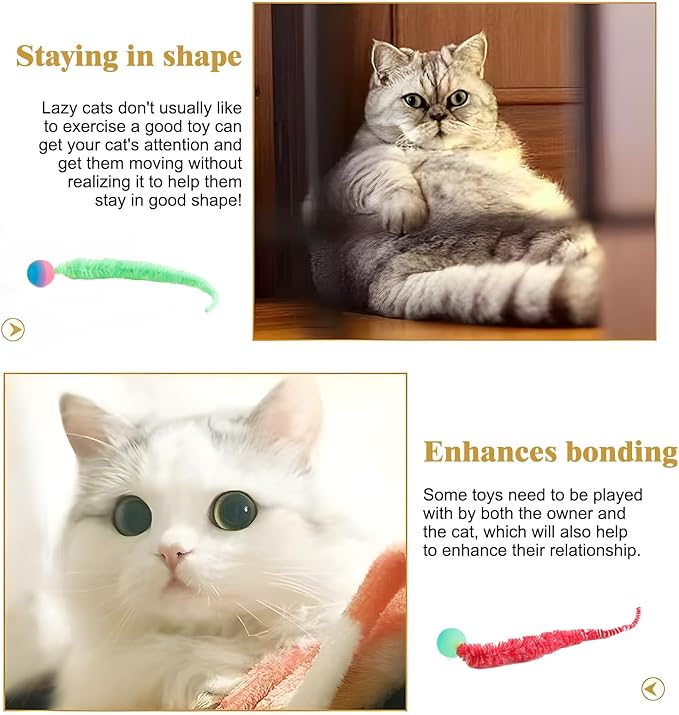 Bouncy Balls for Cats 5 Pack，Fuzzy Worm Cat Worm Toys with Ball，Magic Worm Bouncy Ball with Tail Cat Toy