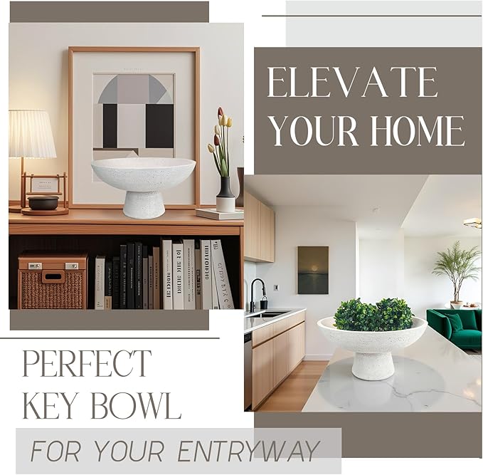 Large Decorative Fruit Bowl - Modern Handcrafted Resin Pedestal Bowl for Kitchen Counter, Entryway Key Holder & Table Centerpiece, Off-White Travertine Stone Bowl