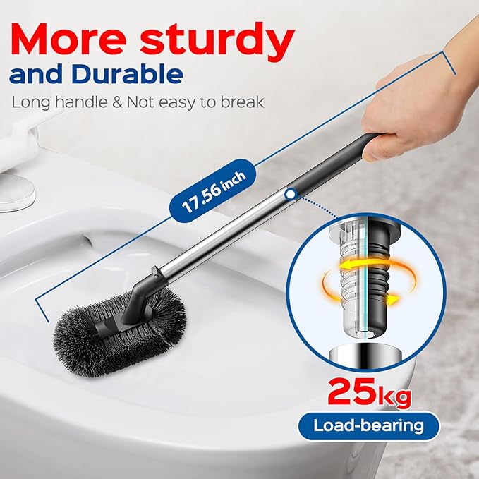 HAMITOR Toilet Plunger and Brush Set: 2 in 1 Stainless Steel Bowl Brush with Holder, Deep-Cleaning Curved Bristles and Heavy Duty Unclogger, Compact Design for Household & Hotel, Silver, 2-Pack