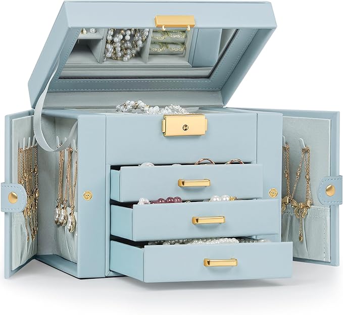 TORIBIO Jewelry Box for Women, Leather Jewelry Organizer with Mirror & Lock, 4-Tier Jewelry Storage Organizer with 3 Drawers for Girls/Women/Mothers, Necklace Earring Bracelets Holder Organizer