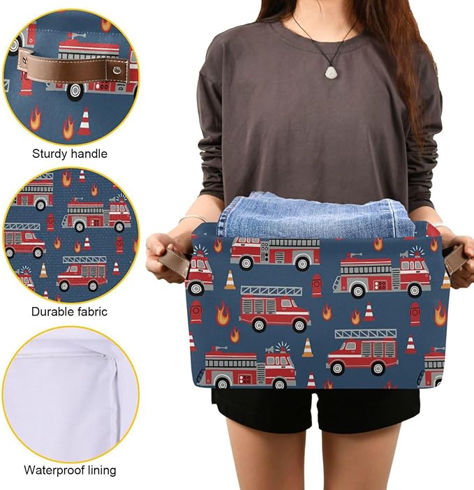 Fire Trucks Large Storage Basket Cube Storage Bin Canvas Fabric Organizer Handles Collapsible Decorative for Clothes Toys Bedroom