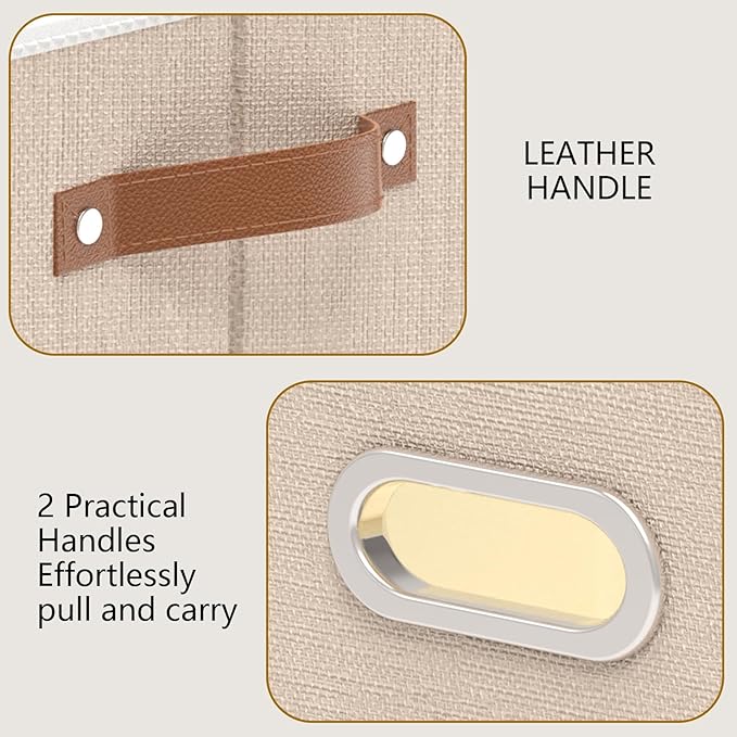 Yawinhe Collapsible Storage Box, Cube Storage Basket, Fabric Foldable Storage Bins Organizer Containers with Dual Leather Handles for Home Bedroom Closet Office,15.0 x 9.8 x 8.3 Inch, (Beige, 4-Pack)