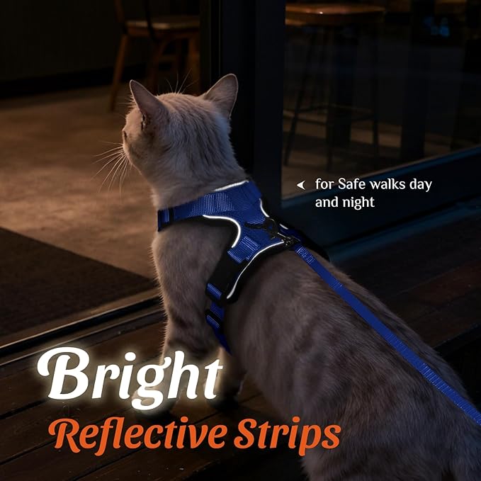 Dooradar Cat Harness and Leash Set, Escape Proof Safe Adjustable Kitten Vest Harnesses for Walking, Easy Control Soft Breathable Mesh Jacket with Reflective Strips for Cats, Blue, M