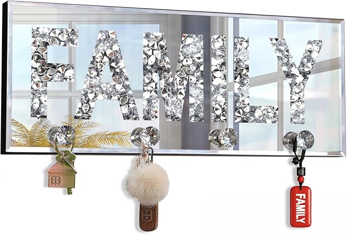 Crush Diamond Mirrored FAMILY Letter Plaque Sign for Wall Decor, Crystal Clear Hooks Key Holder Key Hanger, Silver Mirror Decoration Wall Art, Wall Mounted Home Decor 15"×5.9"×1.6"