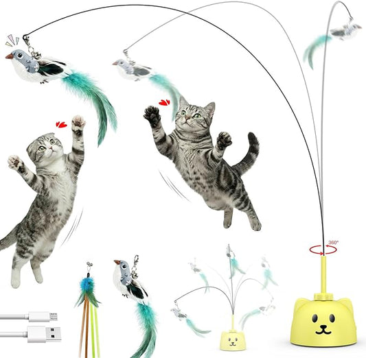 Interactive Cat Toys for Indoor Cats: Upgraded 360° Automatic Spin Flying Bird Feather Wand with Silicone Protected Rod Safe Play, Strong 8cm Suction Cup, USB-Rechargeable for Bored Kittens and Adult