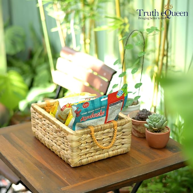 Water Hyacinth Storage Baskets For Organizing, Wicker Baskets For Storage With Macrame Handle, Small Woven Basket Small Wicker Blanket Basket For Organizing, Rectangular Woven Blanket 12x9x5 In