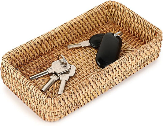 Hipiwe Key Basket for Entryway Table Natural Rattan Serving Tray Small Wicker Trays for Decor Fruit Bowl Decorative Baskets for Kitchen,Coffee Table