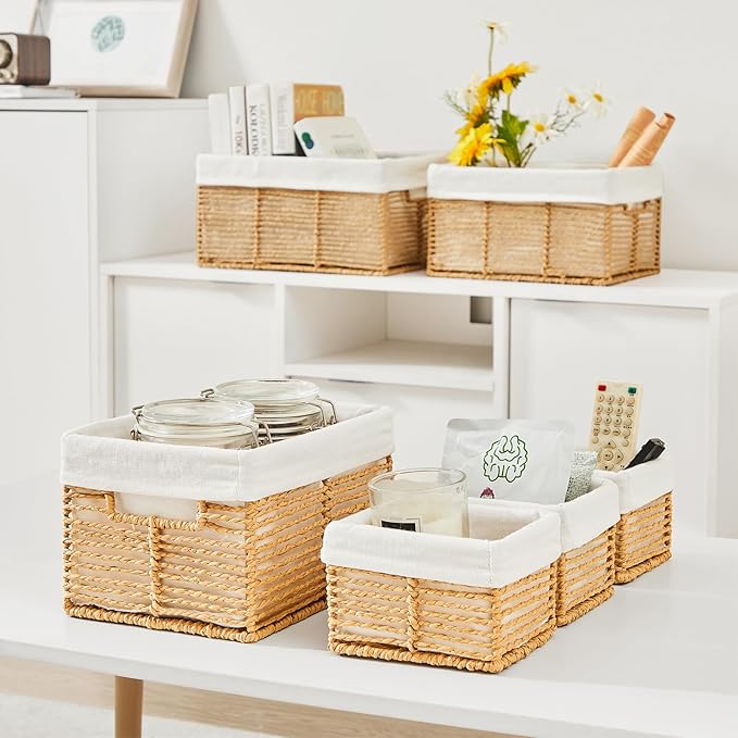 Vagusicc Wicker Storage Basket, 6 Pack Baskets for Organizing, Wicker Baskets with Handle, Rectangular Woven Basket for Storage Shelves, Cube Storage Bins for Closet/Clothes/Dresser, Natural