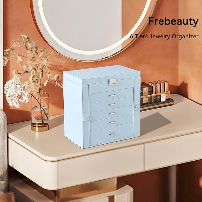 Frebeauty Large Jewelry Box,6-Tier PU Leather Jewelry Organizer,Multi-functional Storage Case with Mirror,Accessories Holder with 5 Drawers for Necklace Bracelets Watches(Sky Blue)