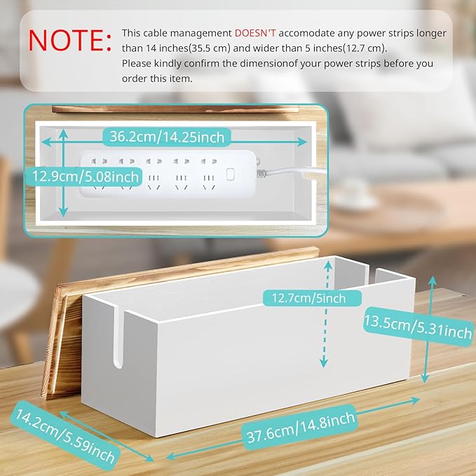 Large Cable Management Box, Wooden Cord Organizer Box for Desk, Floor, Office to Hide Extension Cords Power Stripes Surge Protectors Chargers Wires, White