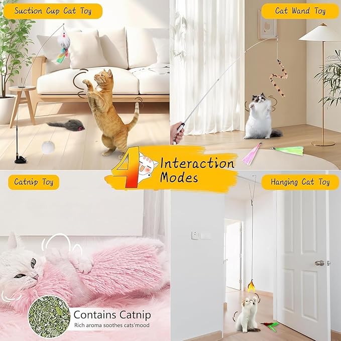 4-in-1 Interactive Cat Feather Toys with Durable Retractable Fishing Pole, 11 Attachments Replacements and Interactive Cat Toys for Indoor Cats