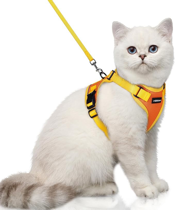 rabbitgoo Cat Harness and Leash Set, Escape Proof Soft Adjustable Vest Harnesses for Outdoor Walking, Easy Control Breathable Kitten Jacket with Reflective Strips, Orange & Yellow, XS