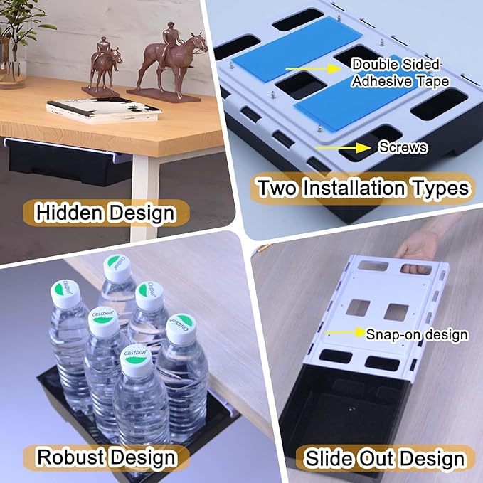 Under Desk Drawer Organizer, Attachable Slide Out Storage Drawers, Hidden Desktop Organizers, Self-Adhesive Table Storage Accessories for Home Office and School (Black)