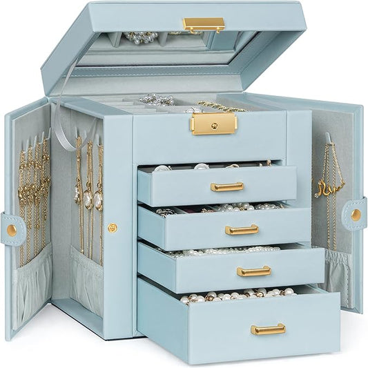 TORIBIO Jewelry Box for Women, Leather Jewelry Organizer with Mirror & Lock, 5-Tier Jewelry Storage Organizer with 4 Drawers for Girls/Women/Mothers, Necklace Earring Bracelets Holder Organizer