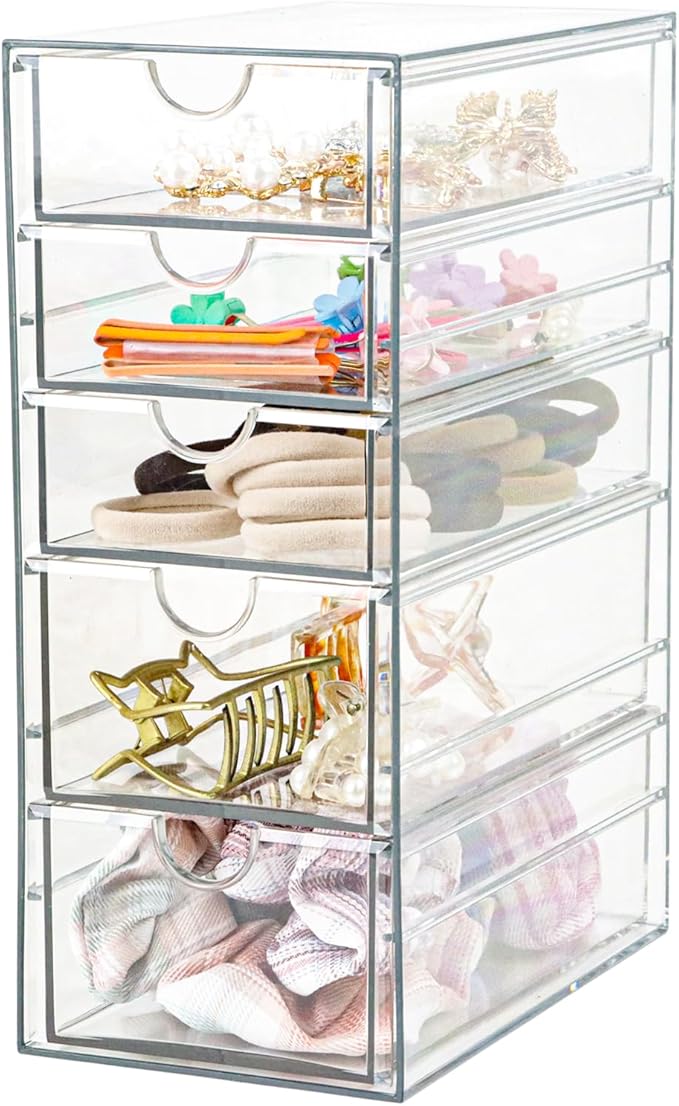 Plastic Drawer Storage with 5 Different Sizes Drawers, Clear Light Gray Hair Accessories Organizer, Transparent Dresser Bathroom Organizer