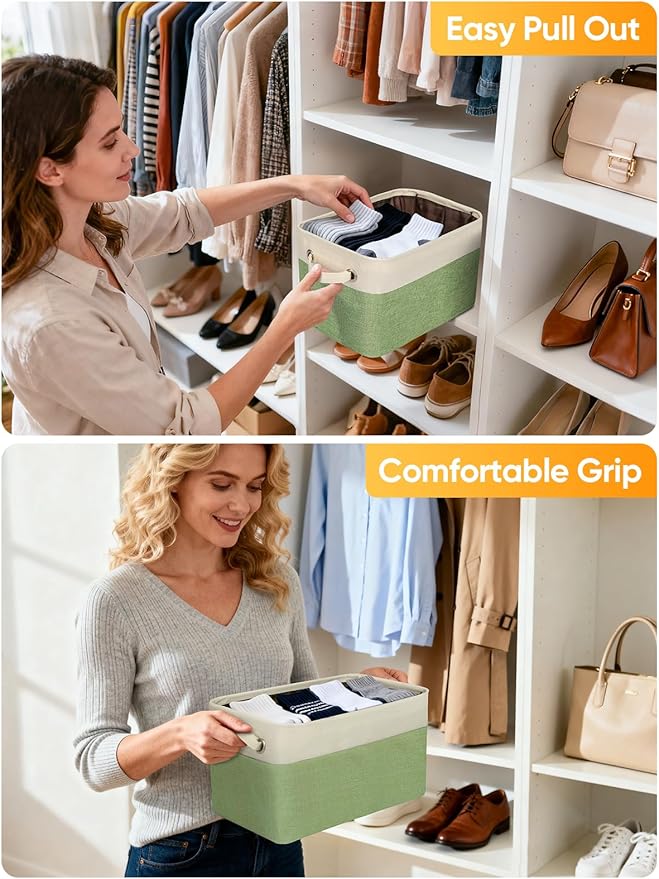 BALEINE 2 Pack Fabric Storage Bins for Shelves, Linen Storage Baskets for Organizing, Decorative Closet Bins for Clothes, Home (Green, 12"x8"x8")